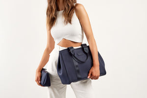 Midhtnight blue neoprene tote and pouch